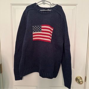 Lands End American USA Flag Pullover Navy Blue Sweater Size M